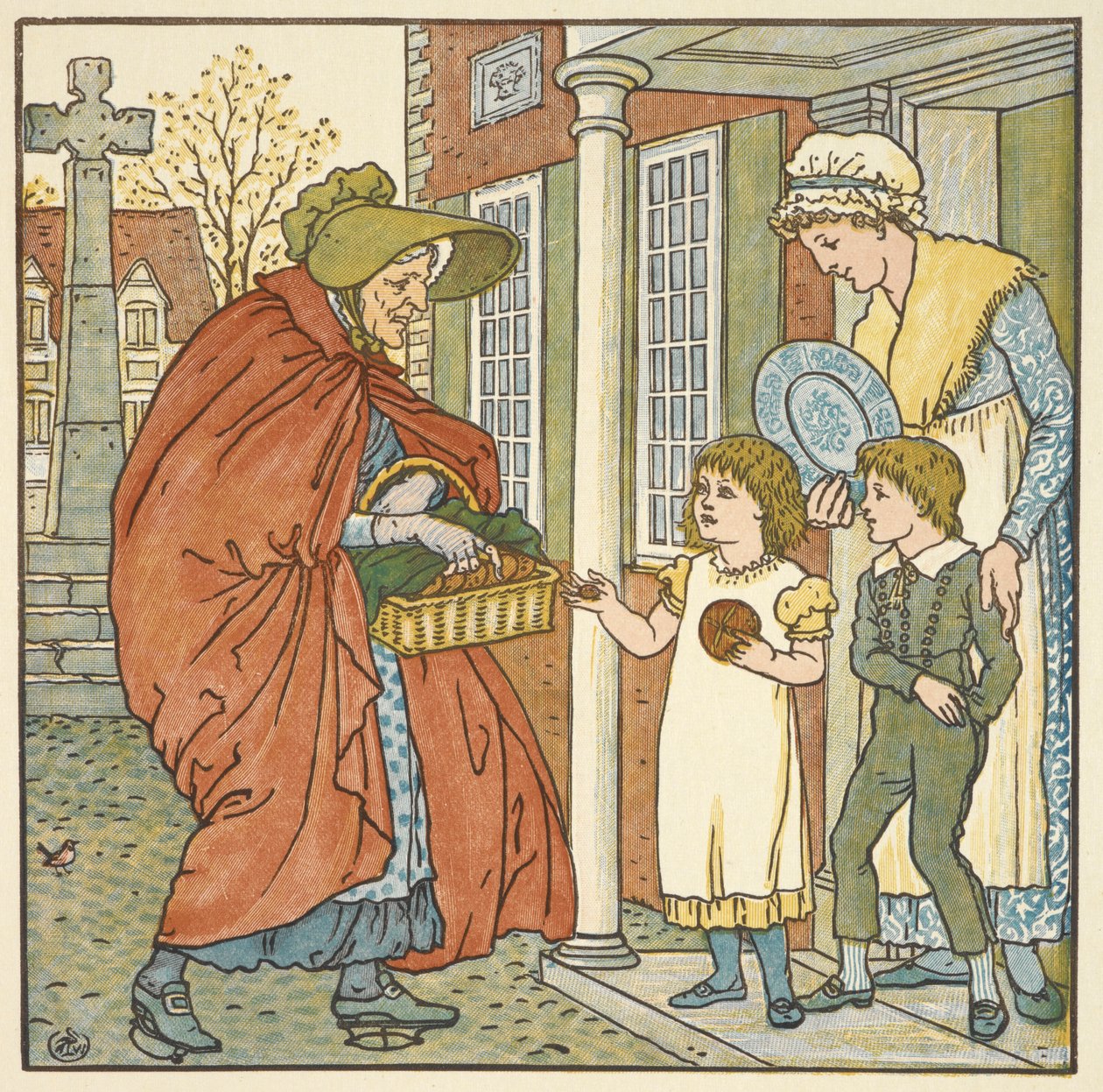 Kolorowa ilustracja do „bułek z gorącym krzyżem”. Stara kobieta podaje gorące bułeczki dwójce dzieci. autorstwa Walter Crane