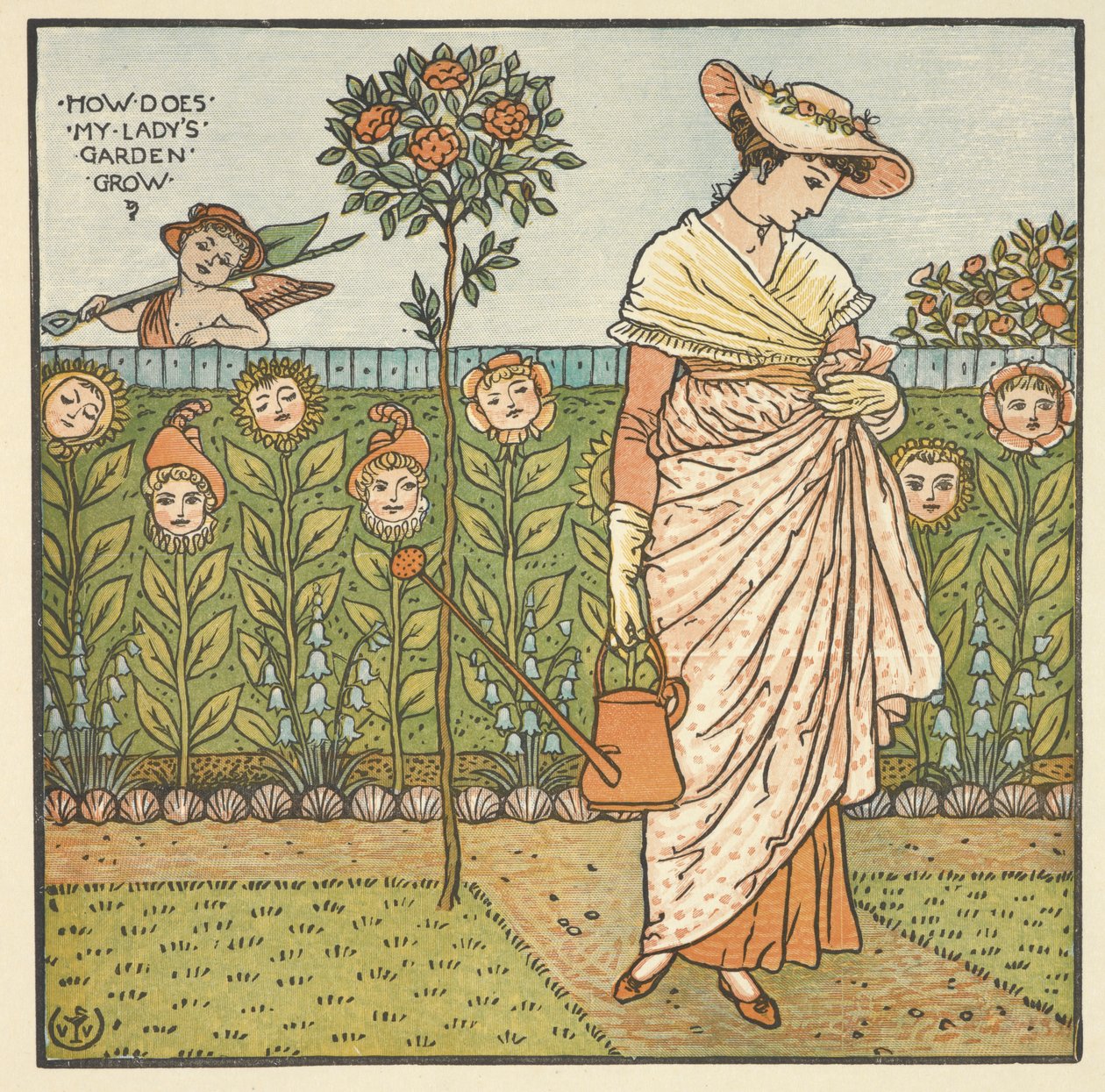 Kolorowa ilustracja do „ogrodu mojej pani”. Młoda kobieta stojąca z konewką w ogrodzie. autorstwa Walter Crane