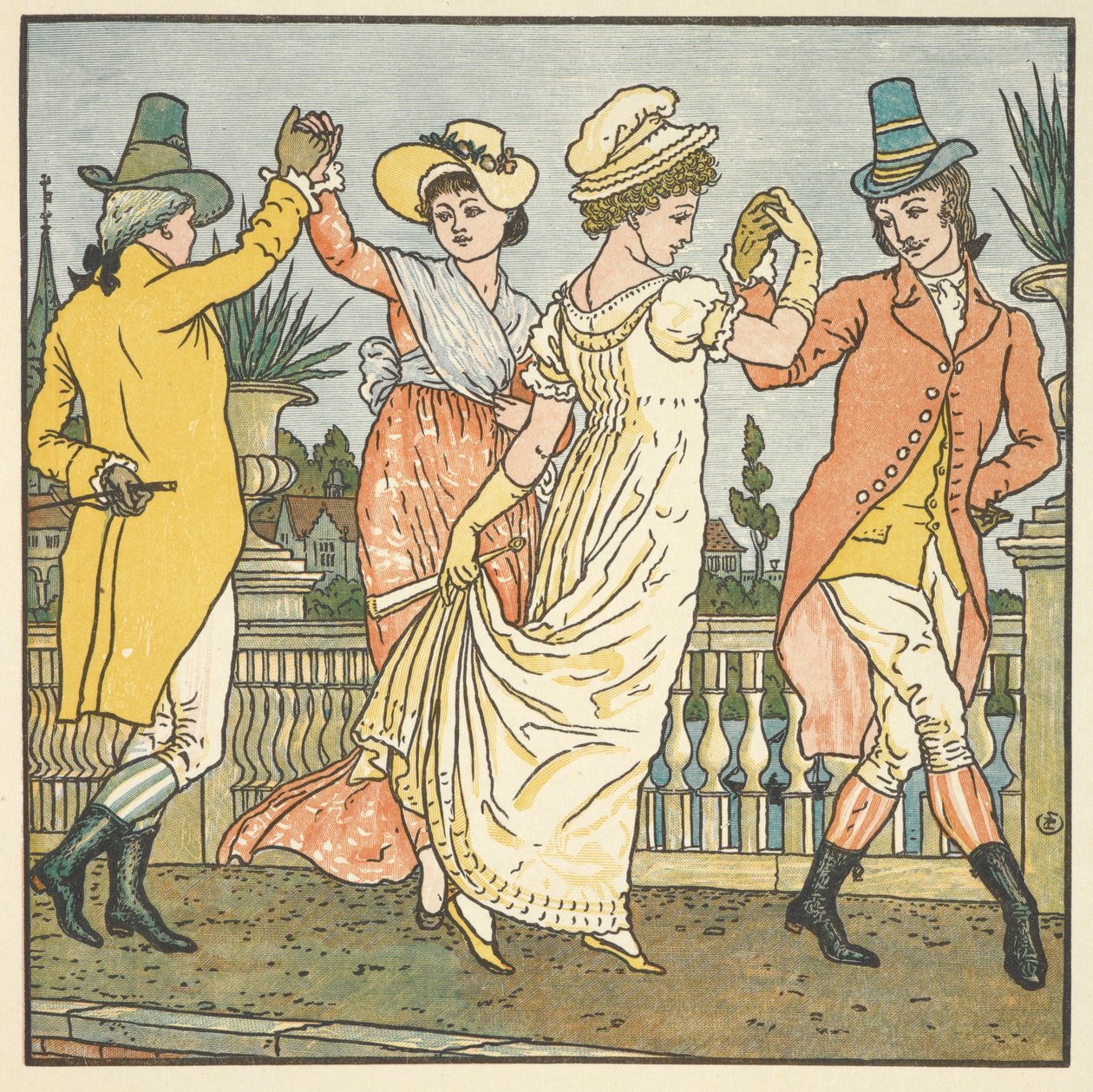 Kolorowa ilustracja do „na moście w Awinionie”. Tańczące dwie pary. autorstwa Walter Crane