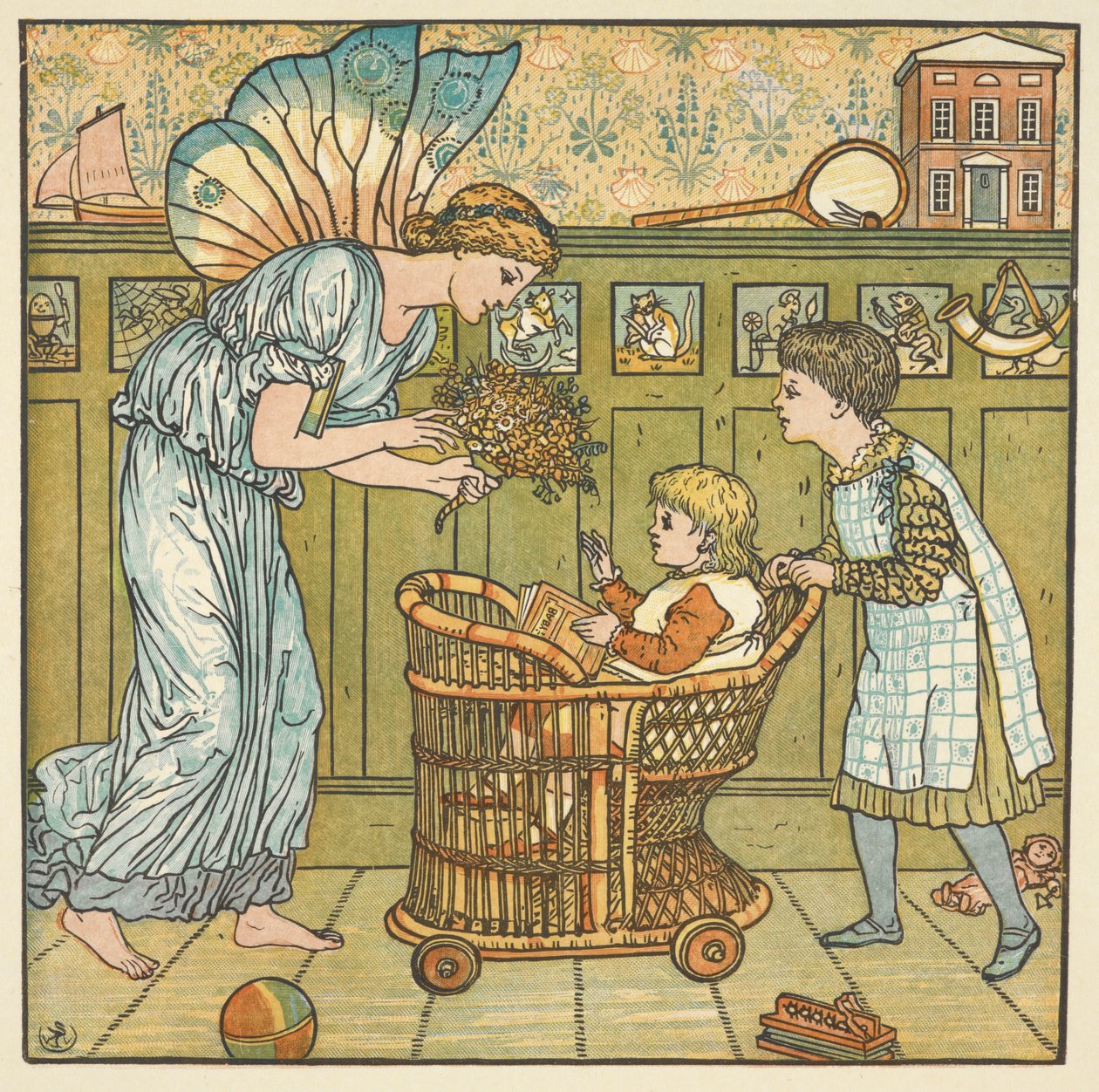 Kolorowa ilustracja do „bukietu dziecka”, rymowanki. Wróżka dająca kwiaty dziecku. autorstwa Walter Crane