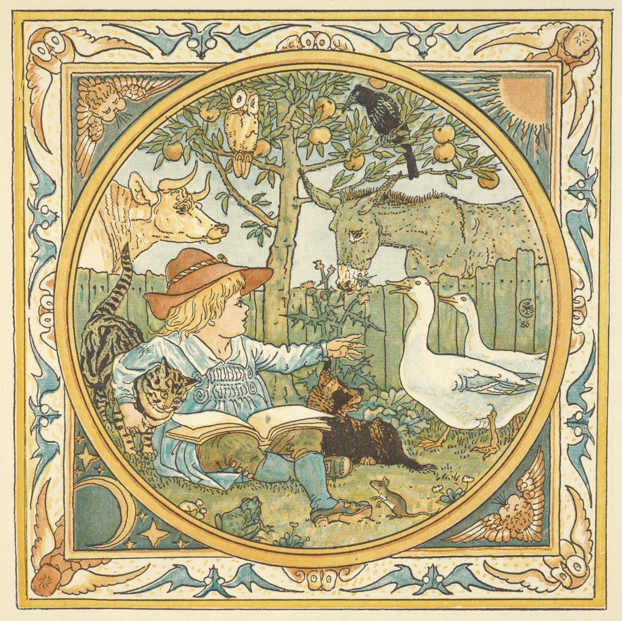 Kolorowa ilustracja „własnego ezopa dziecka”. Dziecko w ogrodzie otoczonym zwierzętami. autorstwa Walter Crane