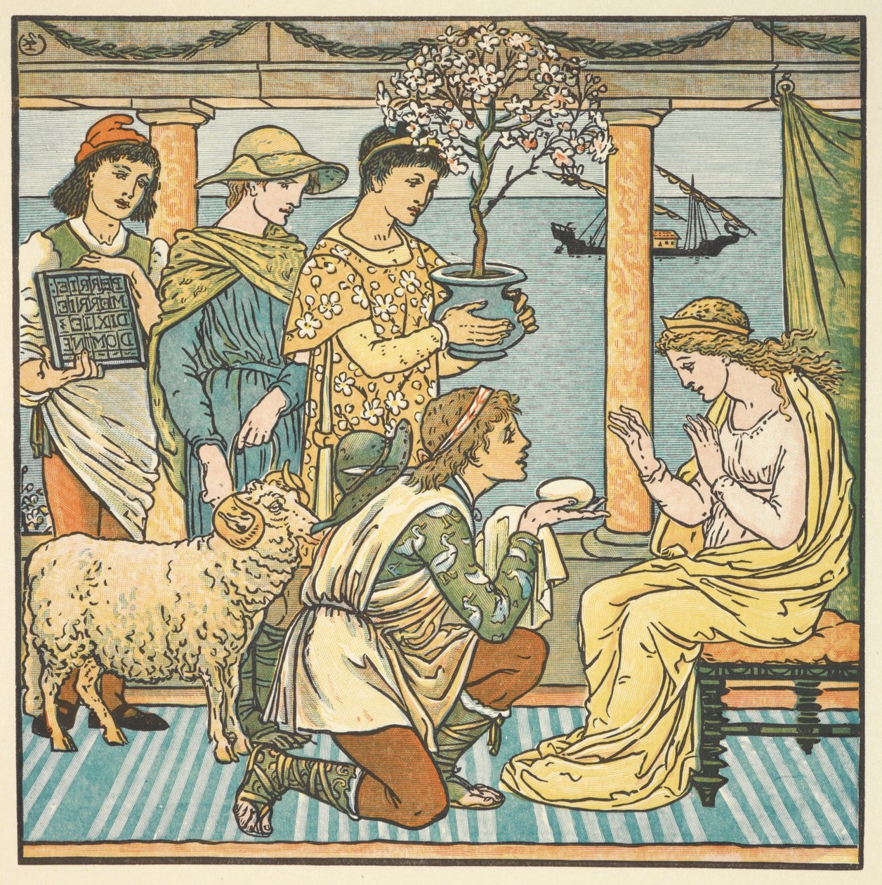 Kolorowa ilustracja do „czterech prezentów”. Czterech braci daje prezenty młodej kobiecie. autorstwa Walter Crane