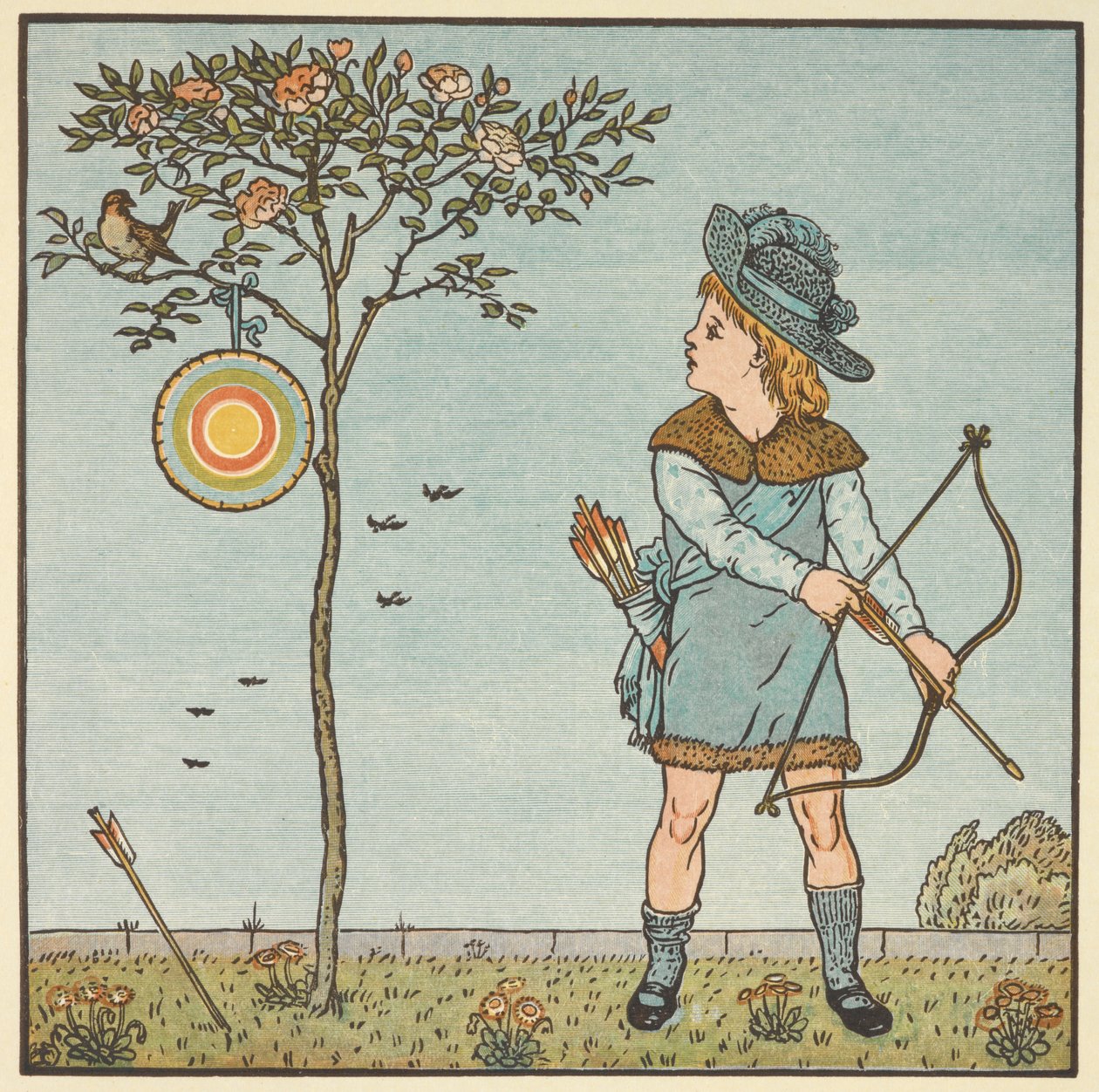 Kolorowa ilustracja „małego wróbla”. Mały chłopiec z łukiem i strzałami, który ma zamiar strzelić do ptaka na drzewie. Rymowanka. autorstwa Walter Crane