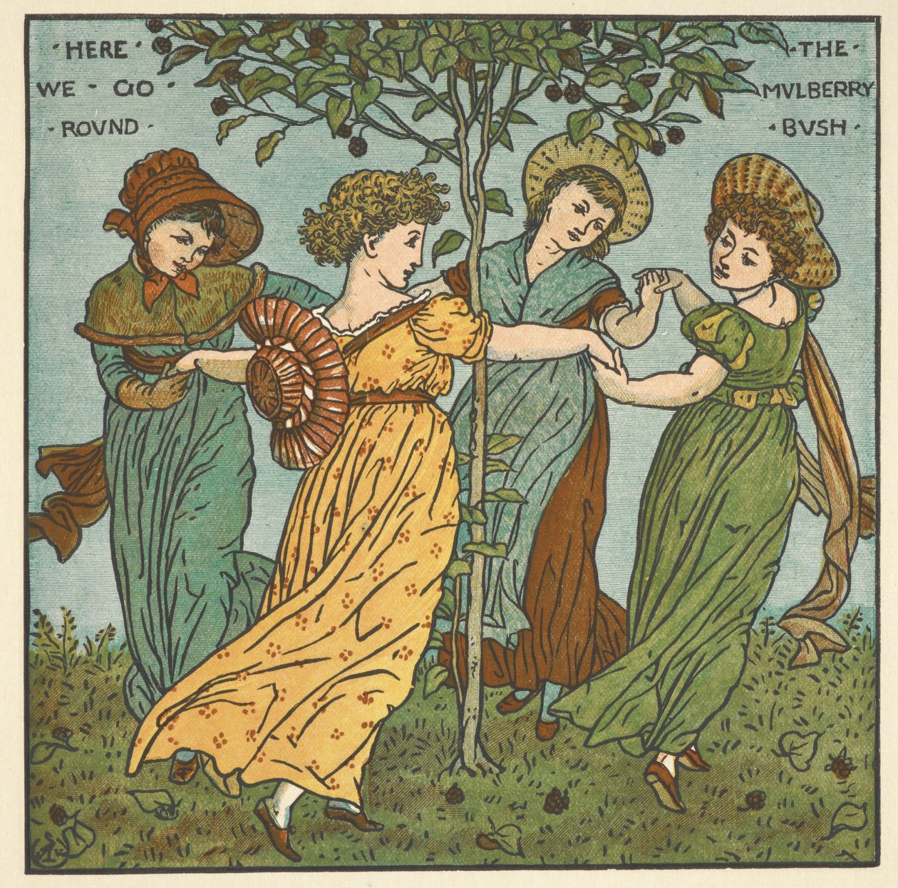 Kolorowa ilustracja do „krzewu morwy”. Cztery kobiety tańczące wokół drzewa. autorstwa Walter Crane