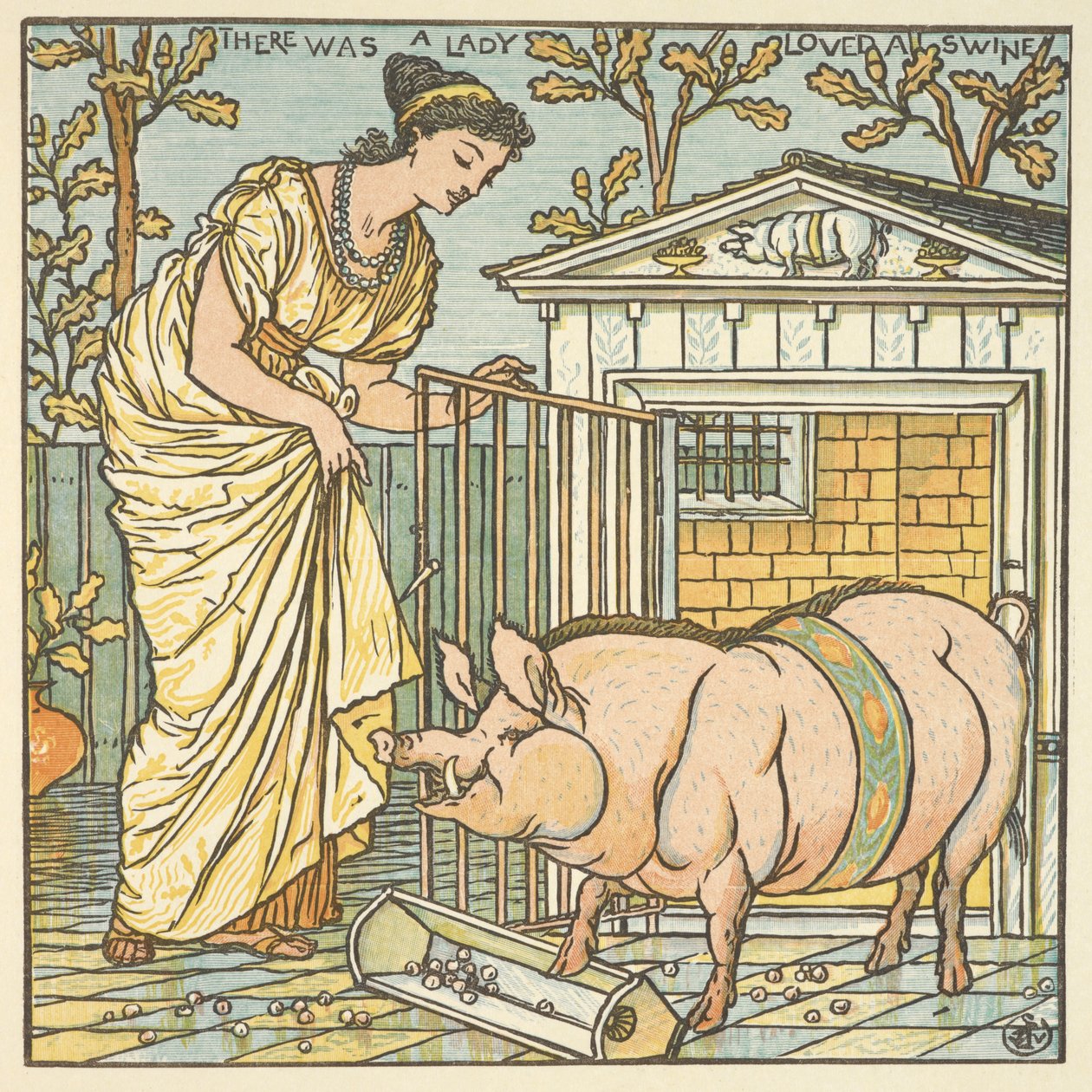 Kolorowa ilustracja do „Była sobie pani, która kochała świnię”. Kobieta i świnia. autorstwa Walter Crane