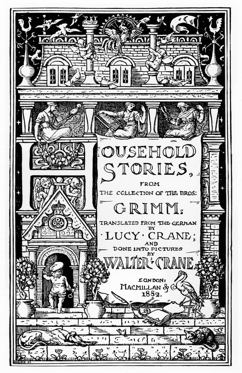 Przednia okładka „Household Stories” braci Grimm, wydanej przez Macmillan und Co., 1882 autorstwa Walter Crane