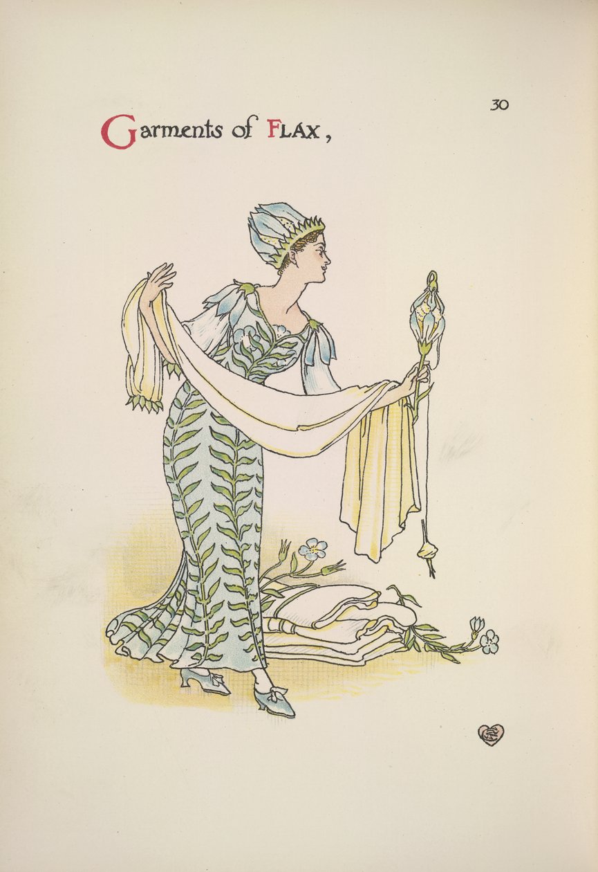Odzież lniana. Kobieta trzyma szal autorstwa Walter Crane