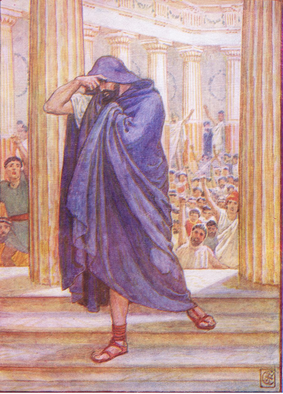 Opuścił Zgromadzenie ukrywając twarz w płaszczu, ilustracja z Historii Grecji, lata 30. XX wieku autorstwa Walter Crane