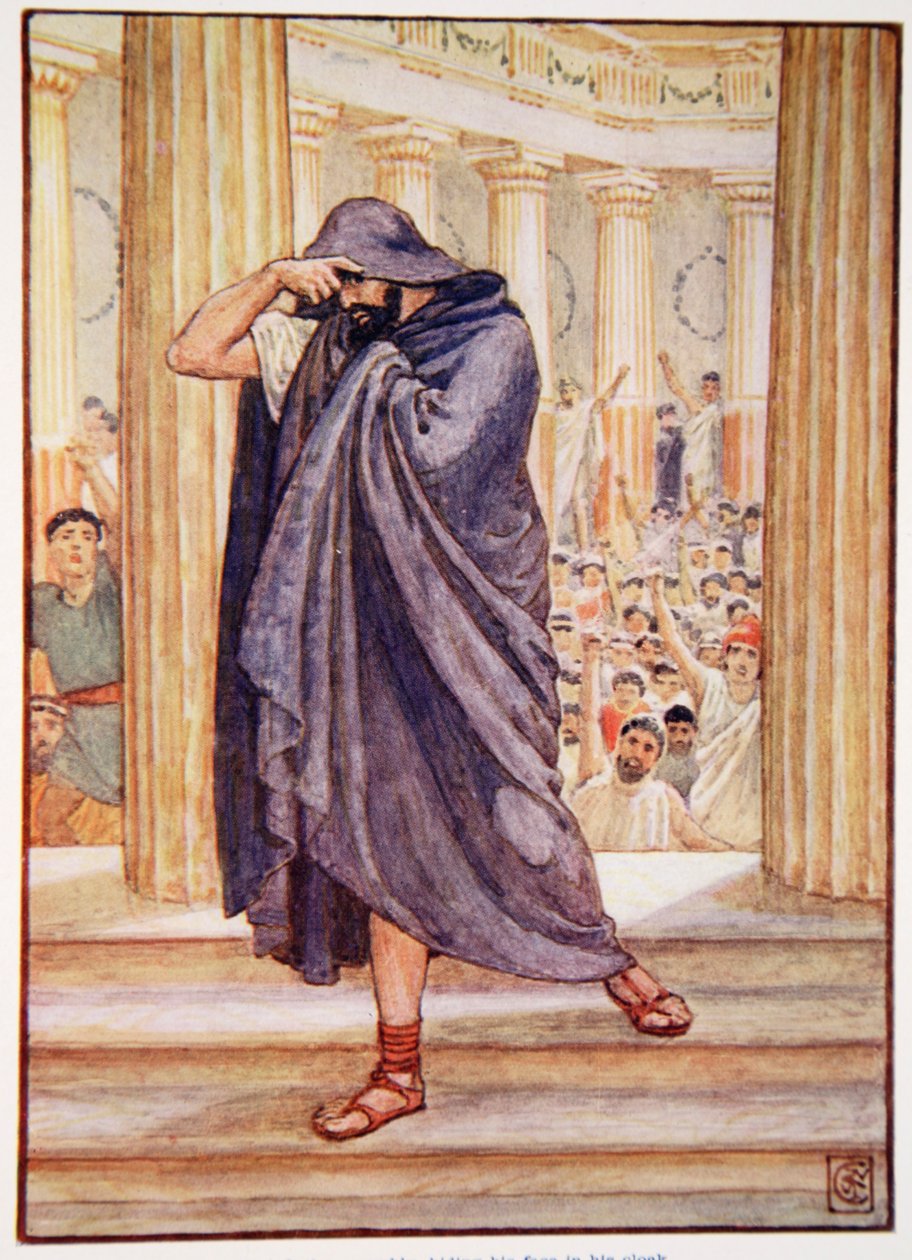 Opuścił zgromadzenie ukrywając twarz w płaszczu, ilustracja z Historii Grecji autorstwa Mary Macgregor, wydanie I, 1913 (druk kolorowy) autorstwa Walter Crane