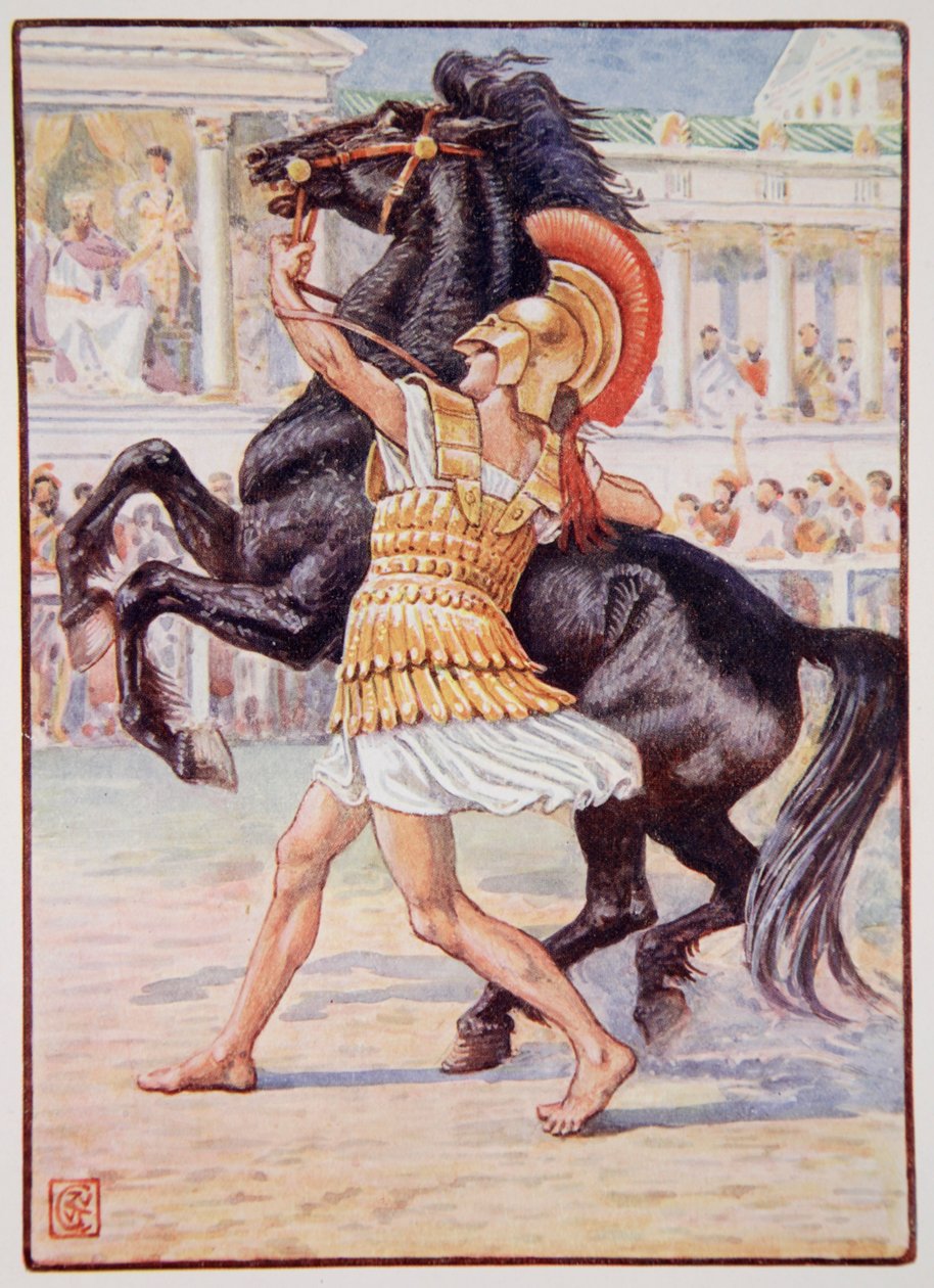Podbiegł do konia i złapał uzdę, ilustracja z „Historii Grecji” Mary Macgregor, wydanie 1, 1913 (druk kolorowy) autorstwa Walter Crane