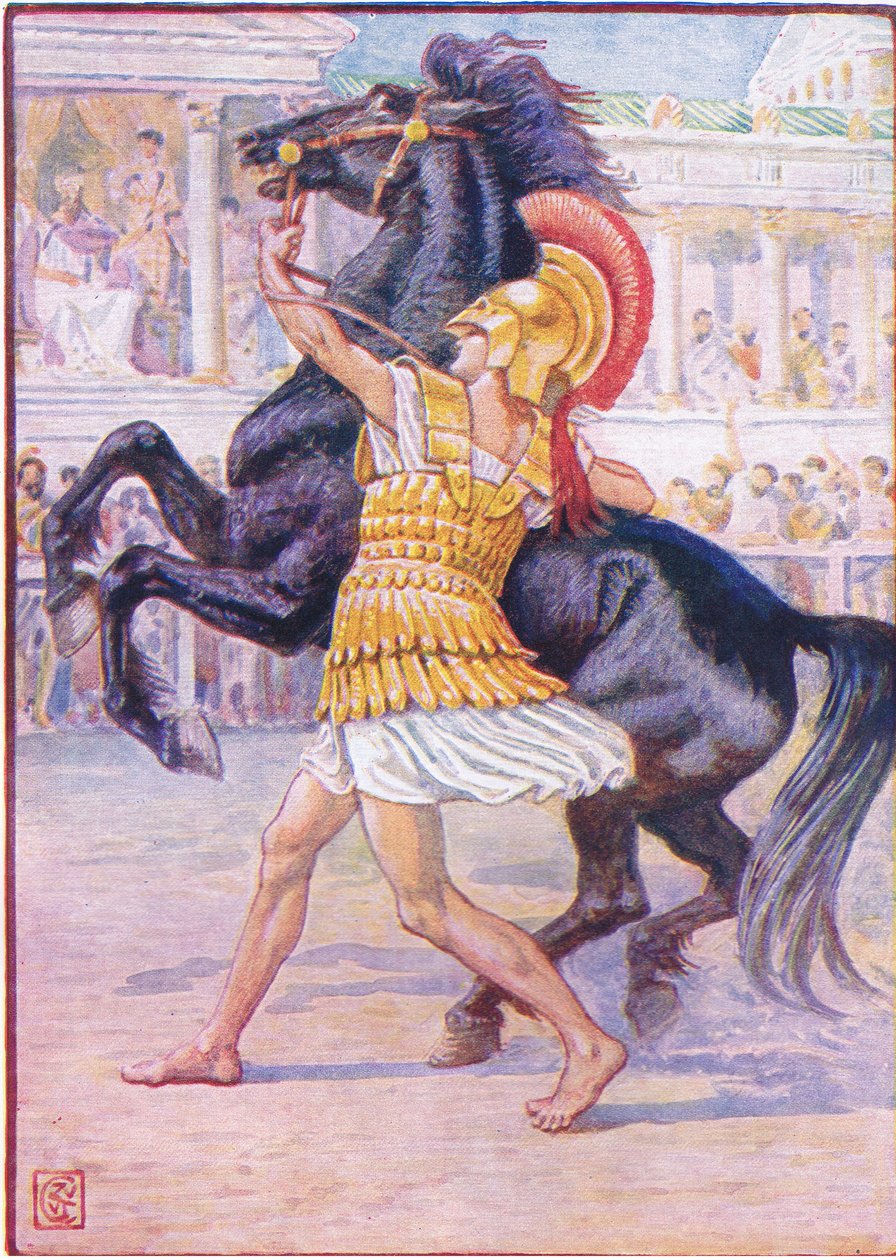 Podbiegł do konia i chwycił uzdę, ilustracja z Historii Grecji, lata 30. XX wieku autorstwa Walter Crane