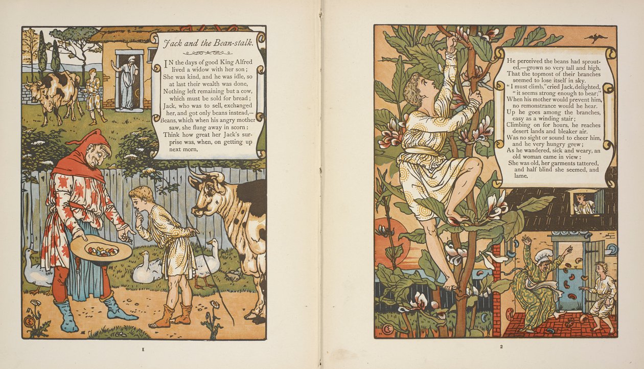 Ilustracje do opowiadania „Jaś i łodyga fasoli”. autorstwa Walter Crane