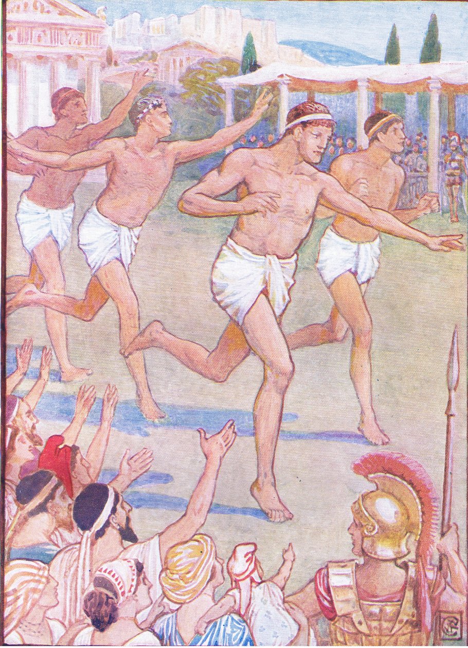 W najdawniejszych czasach jedynym wydarzeniem był prosty bieg, ilustracja z Historii Grecji, lata 30. XX wieku autorstwa Walter Crane
