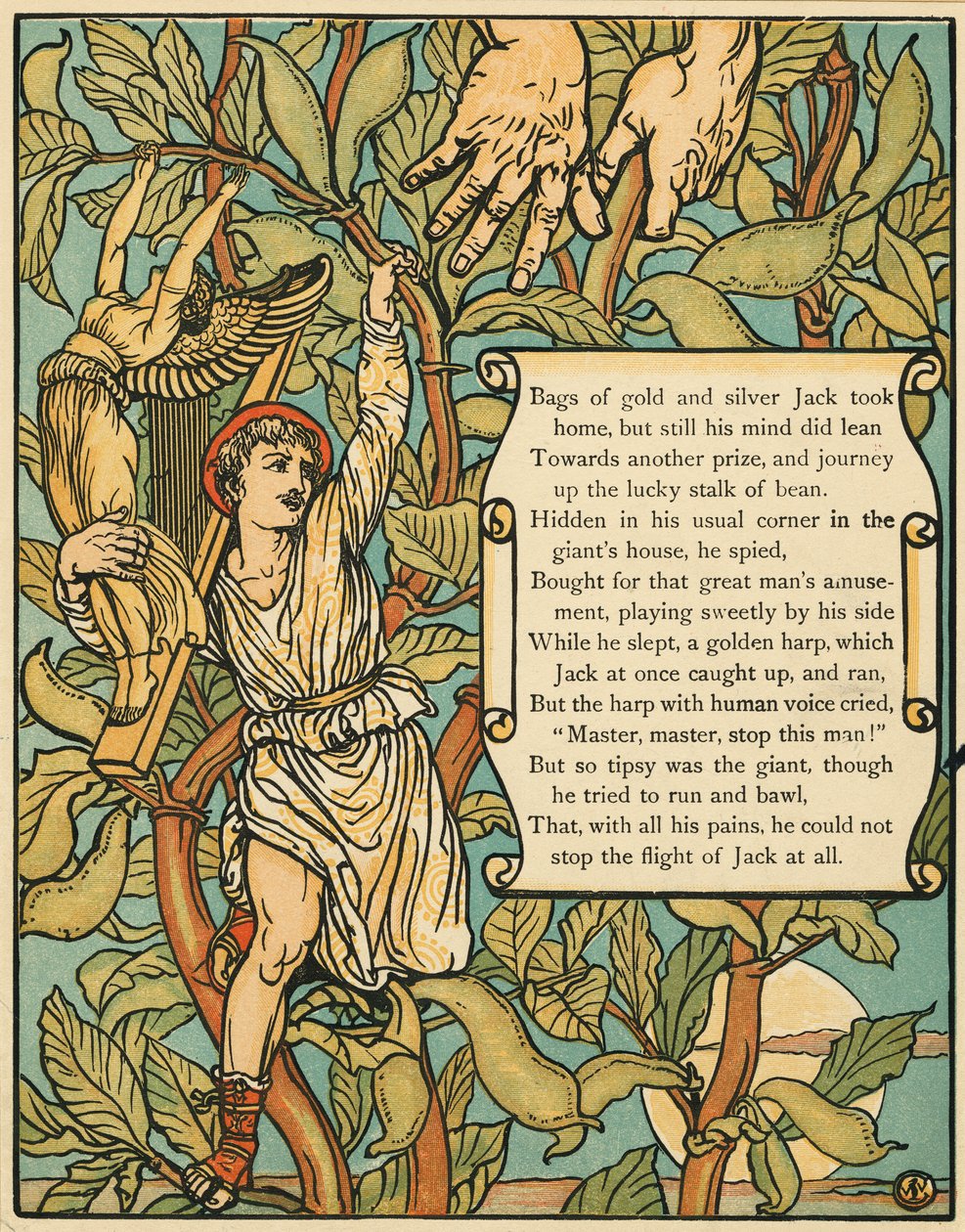 Jack schodzący po Beanstalk z pubu Jack and the Beanstalk. 1875 (kolor lito) autorstwa Walter Crane