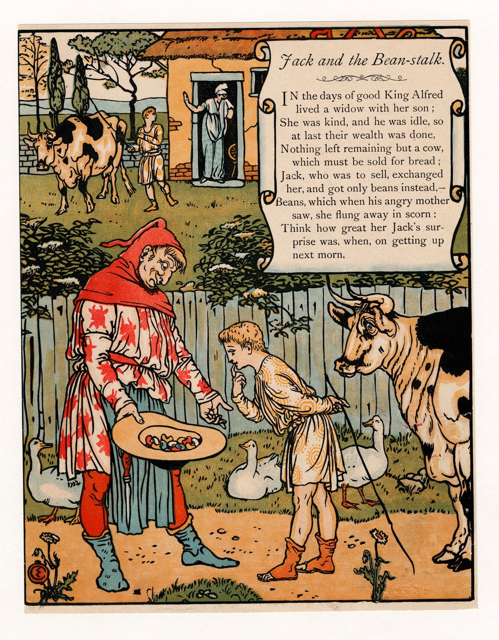 Jack sprzedaje swoją krowę za fasolę, z książki The Blue Beard Picture Book, pub. 1879 kolorowa litografia, 1879. autorstwa Walter Crane