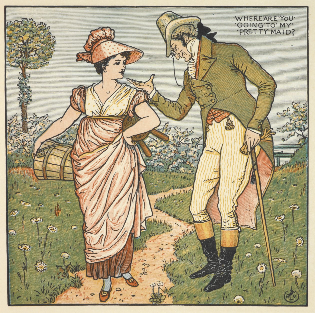„Moja śliczna służąca”. Dżentelmen rozmawiający z młodą kobietą. autorstwa Walter Crane
