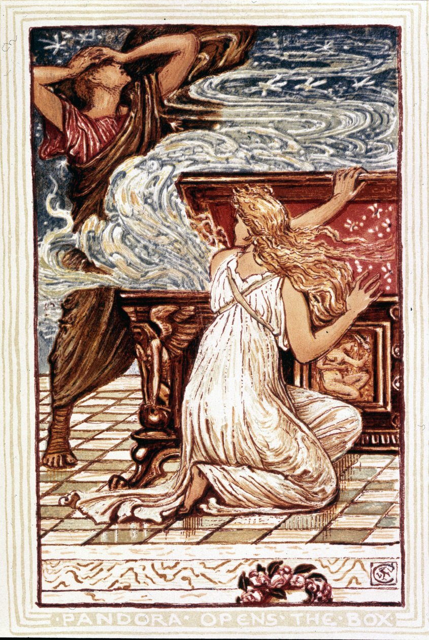 Pandora otwiera pudełko. Ilustracja Waltera Crane