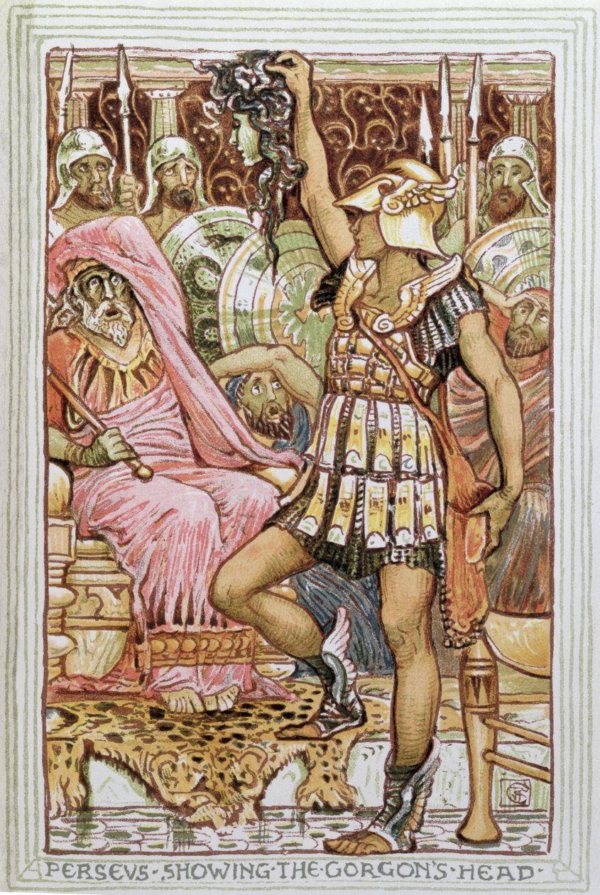 Perseusz ukazujący głowę Gorgona, ilustracja do „Greckiej legendy mitologicznej”, opublikowana w Londynie, 1910 autorstwa Walter Crane