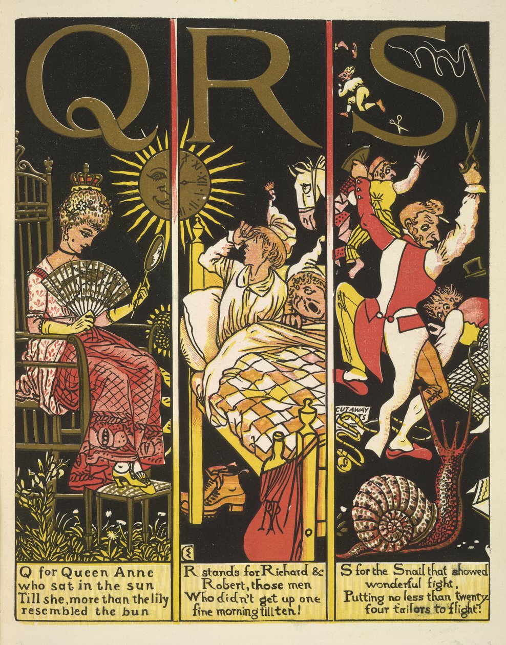 QRS-Q dla królowej Anny; R oznacza Richarda i Roberta; i S dla ślimaka autorstwa Walter Crane