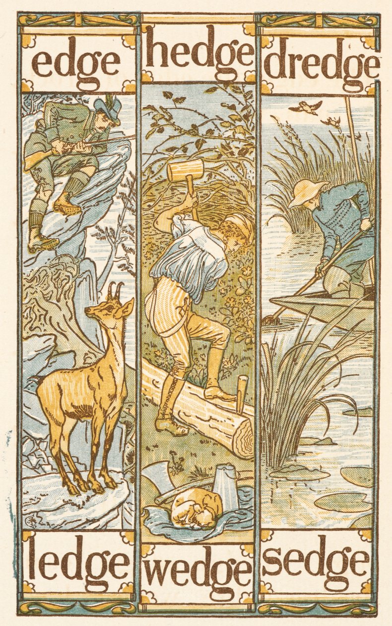 Rymowanie wyrazów kończących się na literę E. Złoty elementarz. autorstwa Walter Crane
