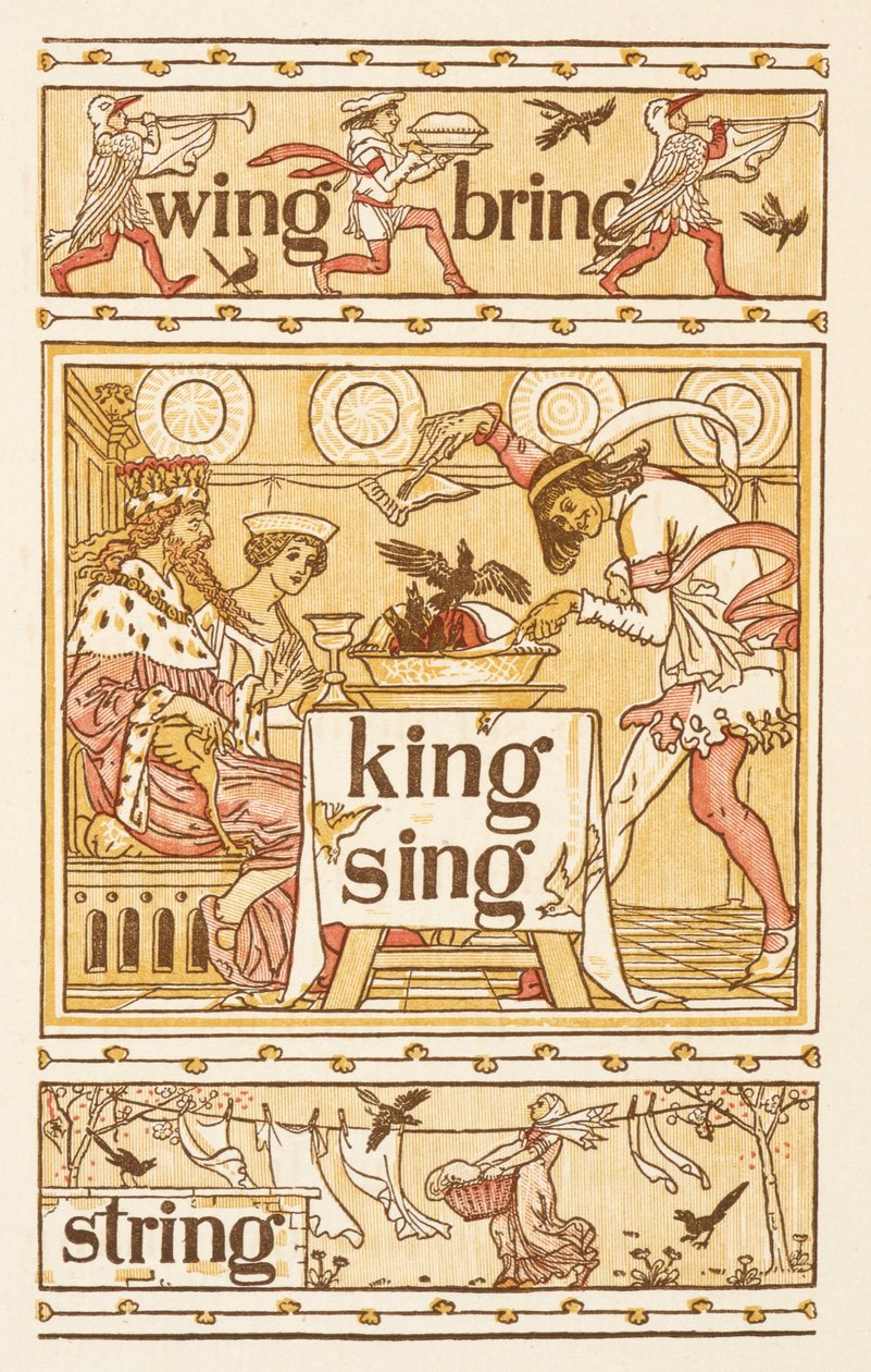 Rymowanie wyrazów kończących się na literę G. Kosy w cieście. Linia do prania. Złoty podkład. autorstwa Walter Crane