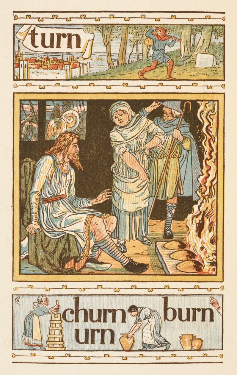 Rymowanie wyrazów kończących się na literę N. Ilustracja przedstawiająca prawdopodobnie król Alfred i płonące ciasta. Złoty podkład. autorstwa Walter Crane