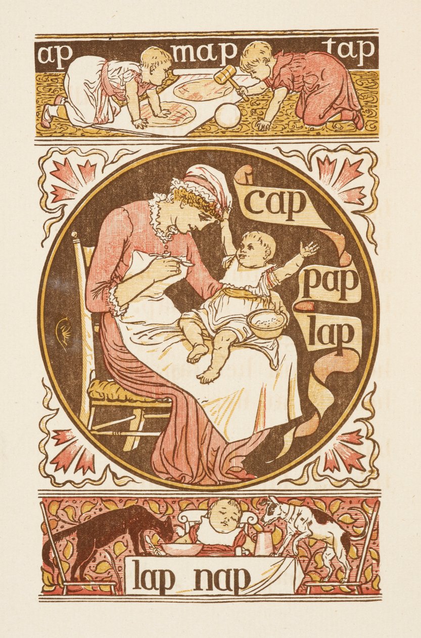 Rymowanki kończące się na literę P. Ilustracja przedstawiająca kobietę karmiącą dziecko. Złoty podkład. autorstwa Walter Crane