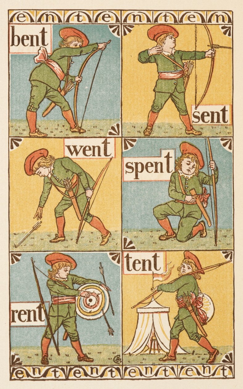 Rymowanie kończące się na literę T. Chłopiec z łukiem i strzałami. Złoty podkład. autorstwa Walter Crane