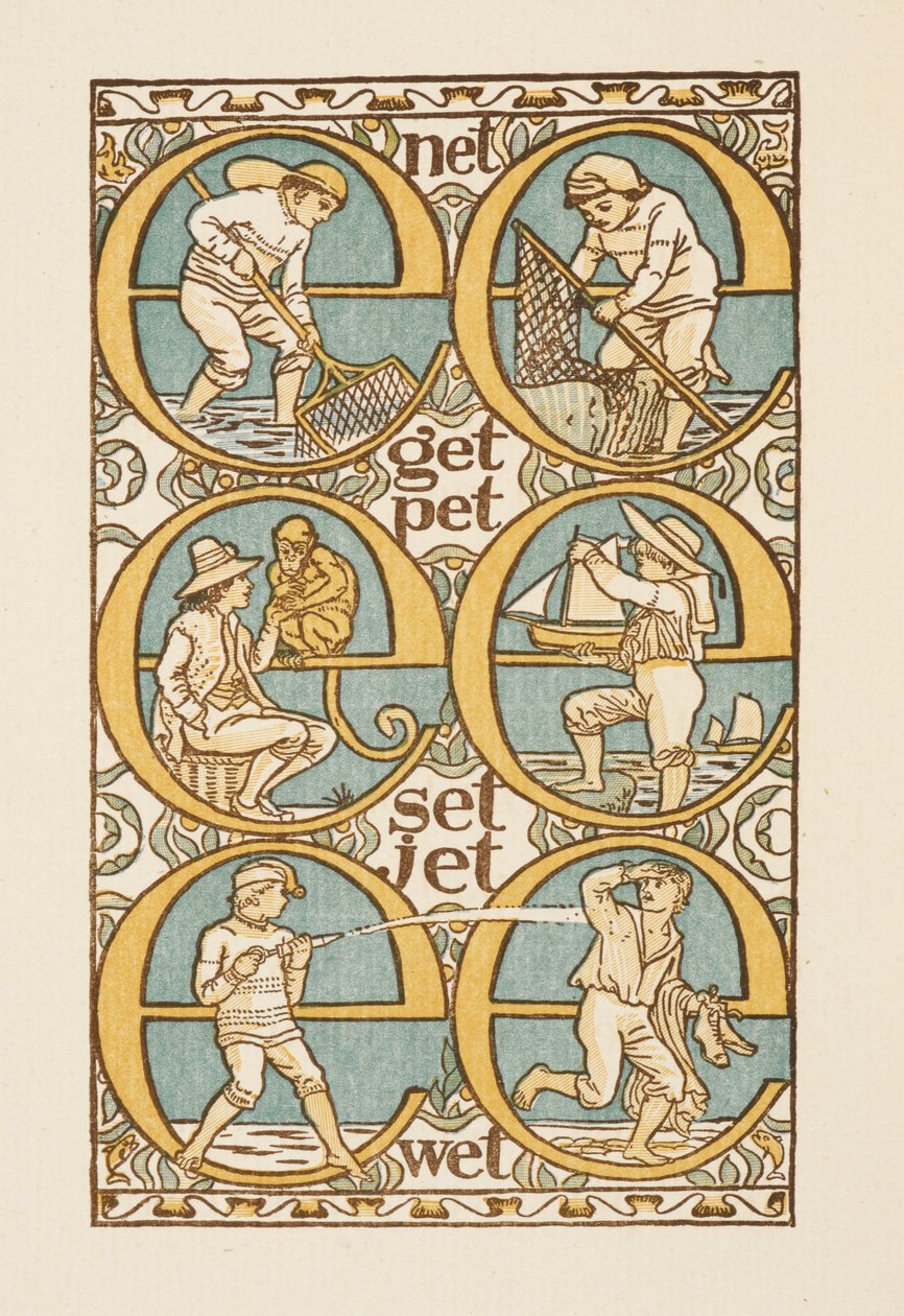 Rymowanki ilustrujące użycie litery E. Złoty elementarz. autorstwa Walter Crane