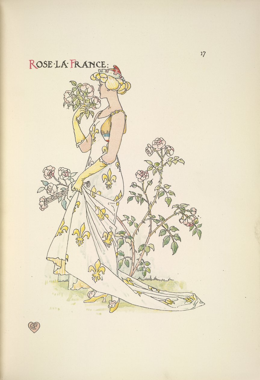 Rose La France. Młoda kobieta wącha bukiet kwiatów autorstwa Walter Crane