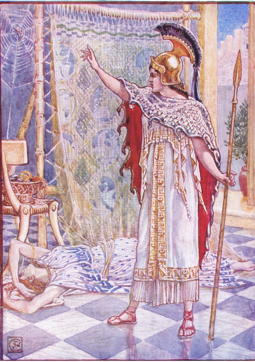 Zamieniła ją w pająka, ilustracja z Historii Grecji, lata 30. XX wieku autorstwa Walter Crane