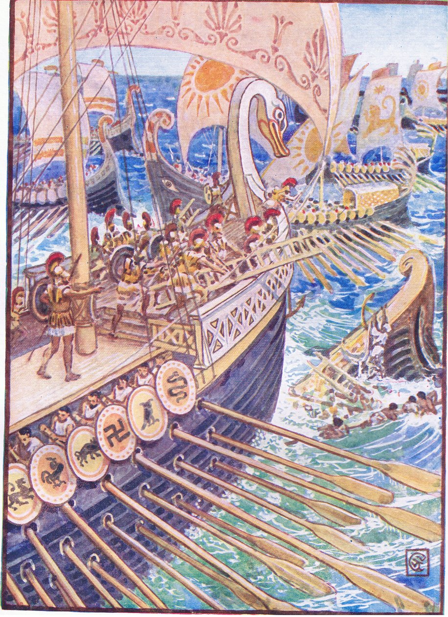 Statek uderzał w statek, aż zmarli perscy rozrzucili głębię jak kwiaty, ilustracja z Historii Grecji, lata 30. XX wieku autorstwa Walter Crane