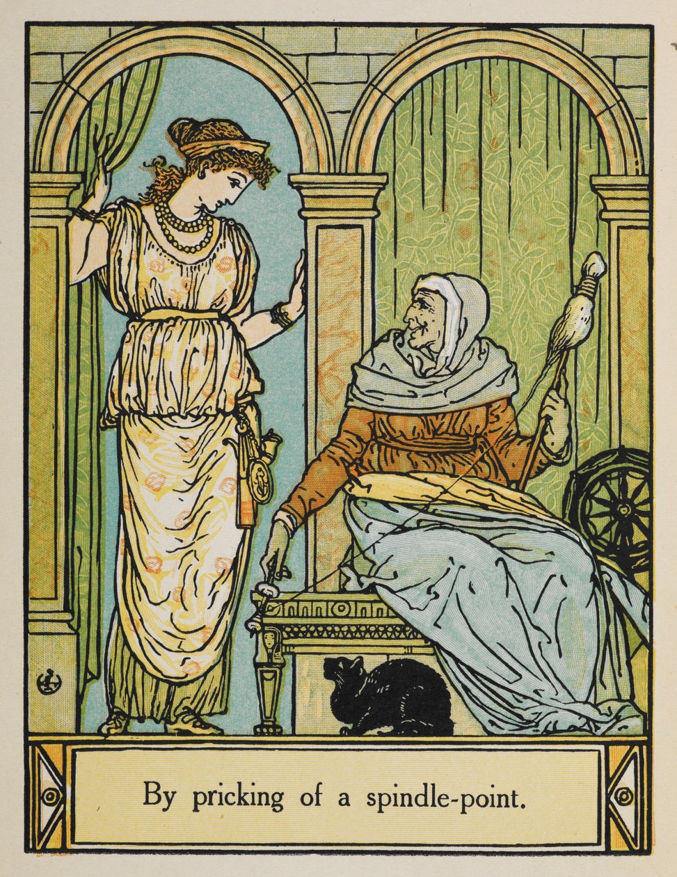 Śpiąca Królewna stoi obok starej kobiety z kołowrotkiem i nicią. Pod spodem siedzi czarny kot. autorstwa Walter Crane
