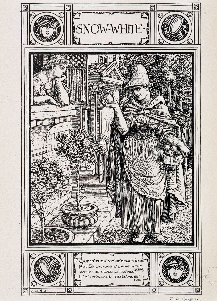 Królewna Śnieżka i wiedźma pielęgnująca jabłko - w „Opowieściach z domu z kolekcji Bros Grimm”, tłumaczone z niemieckiego przez Lucy Crane, Londyn mac millan & Co ltd autorstwa Walter Crane