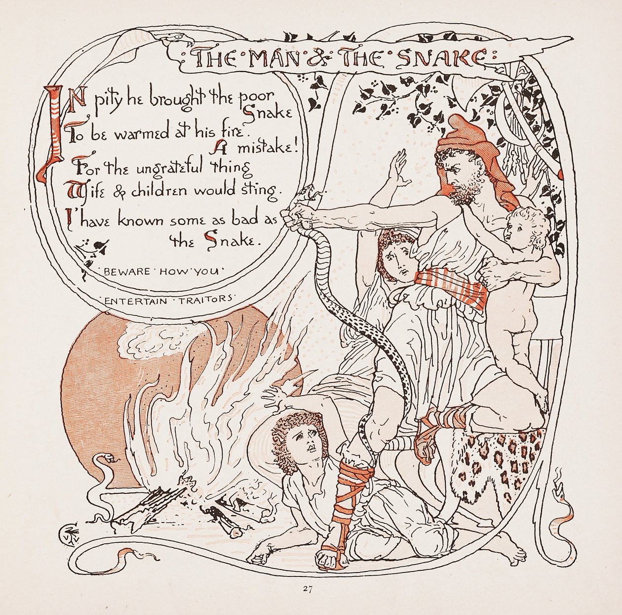 Człowiek i wąż, ilustracja z Bajek Ezopów, wyd. 1887 autorstwa Walter Crane