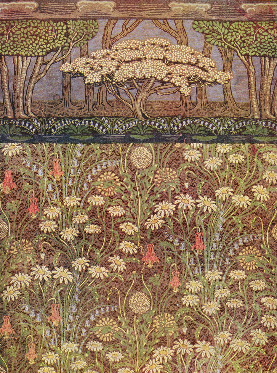 Tapeta "Łąka" z fryzem "Drzewo majowe", ok. 1905 (druk) autorstwa Walter Crane