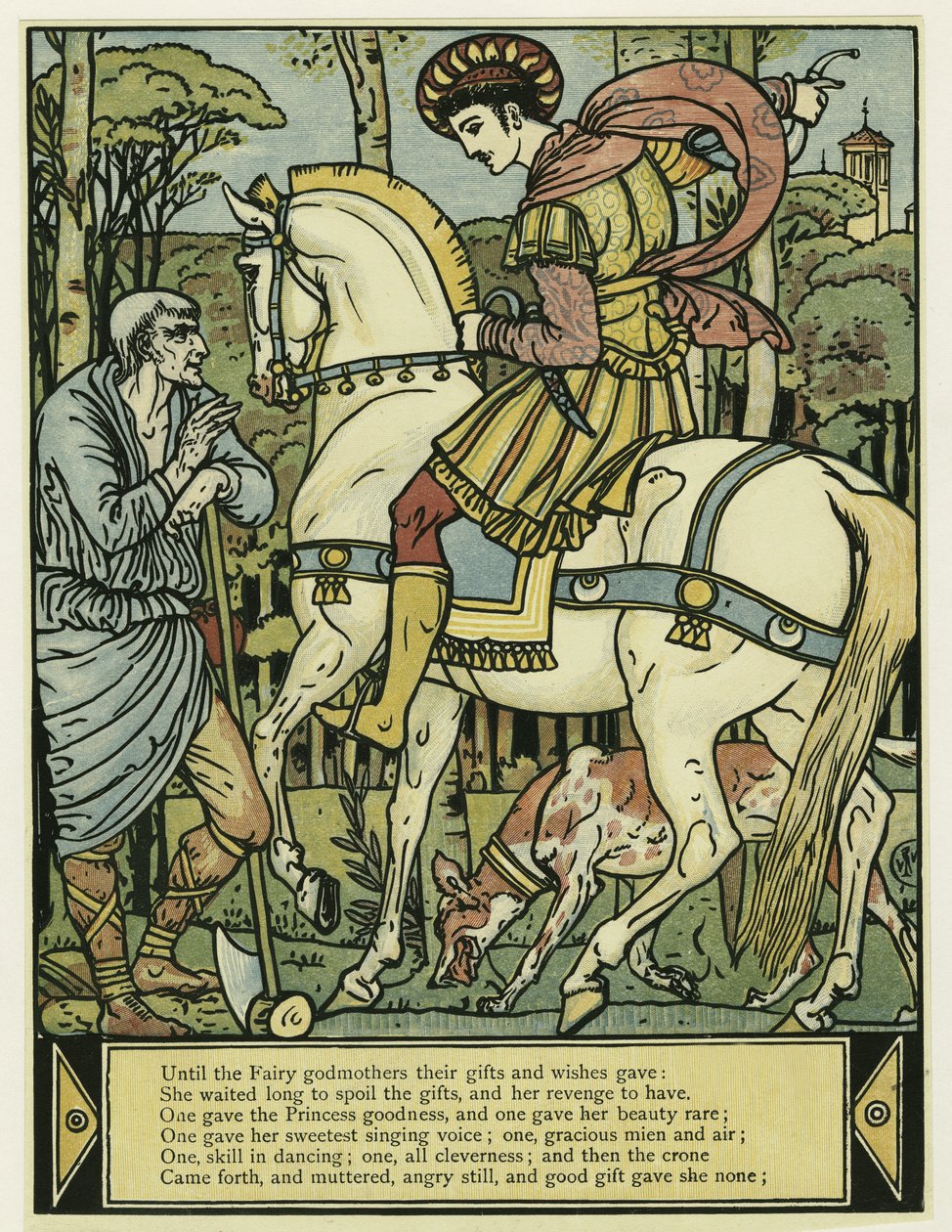 Książę pyta o drogę, z The Blue Beard Picture Book, wyd. 1879 (kolor lito) autorstwa Walter Crane