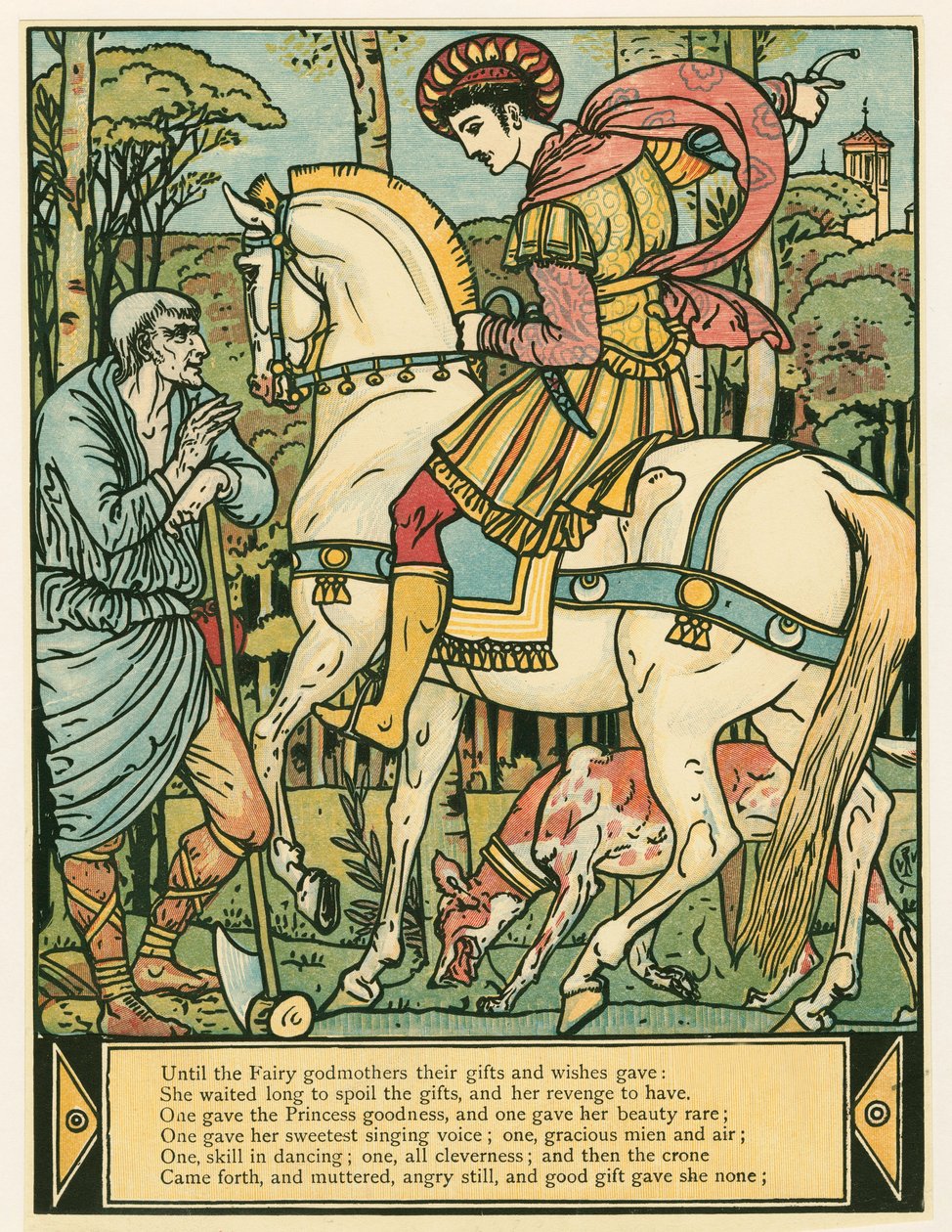 Książę pyta o drogę, z The Blue Beard Picture Book, wyd. 1879 kolorowa litografia, 1879. autorstwa Walter Crane
