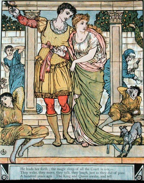 Książę ratujący księżniczkę, ilustracja do „Śpiącej królewny” Charlesa Perraulta (1628-1703) (kolorystyka) autorstwa Walter Crane
