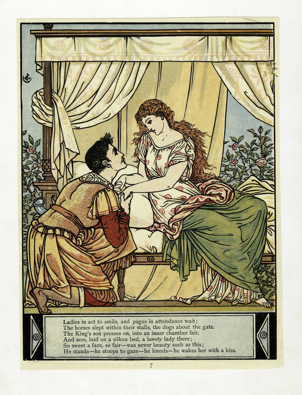 Książę budzi Beauty, z książki Obrazek Niebieskobrody, wyd. 1879 (kolor lito) autorstwa Walter Crane