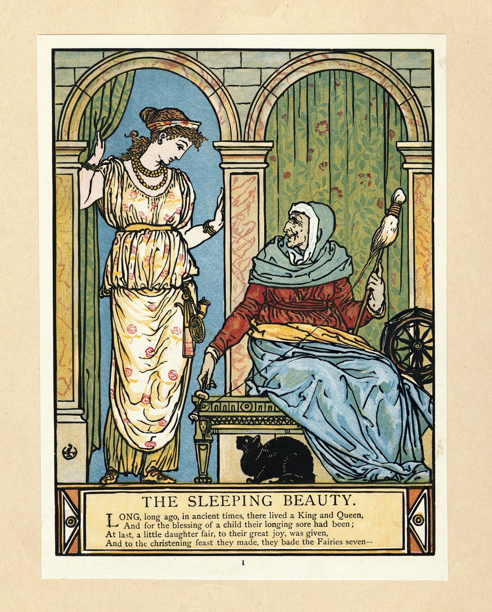 Księżniczka uczy się kręcić, z książki The Blue Beard Picture Book, pub. 1879 (kolor lito) autorstwa Walter Crane