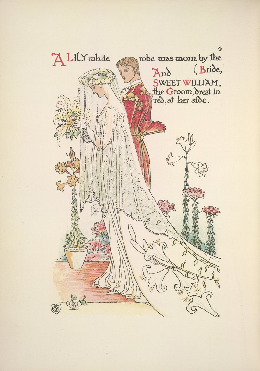 Panna młoda i pan młody. Biała liliowa szata noszona przez pannę młodą i słodki William, pan młody, ubrany na czerwono autorstwa Walter Crane