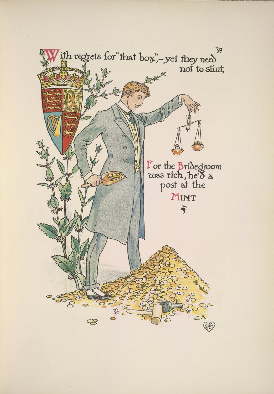 Pan młody trzymający wagę mierzącą jego bogactwo autorstwa Walter Crane