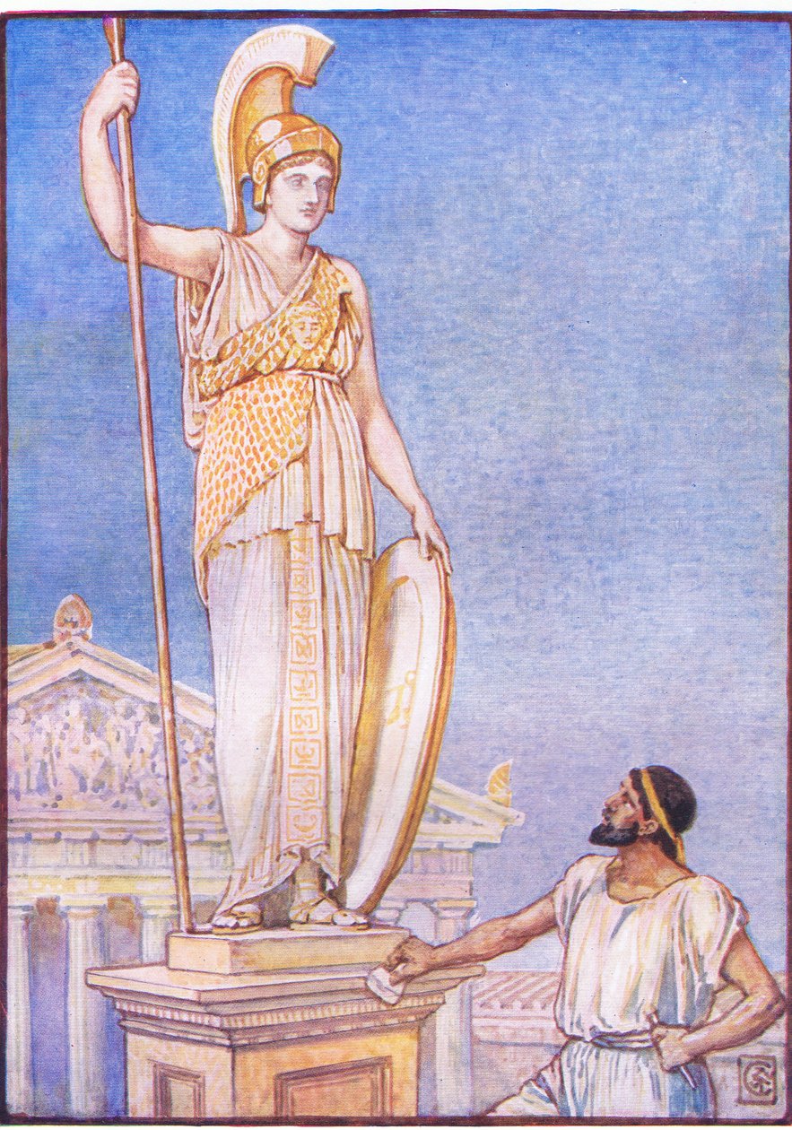 Postać bogini była olbrzymia, ilustracja z Historii Grecji, lata 30. XX wieku autorstwa Walter Crane
