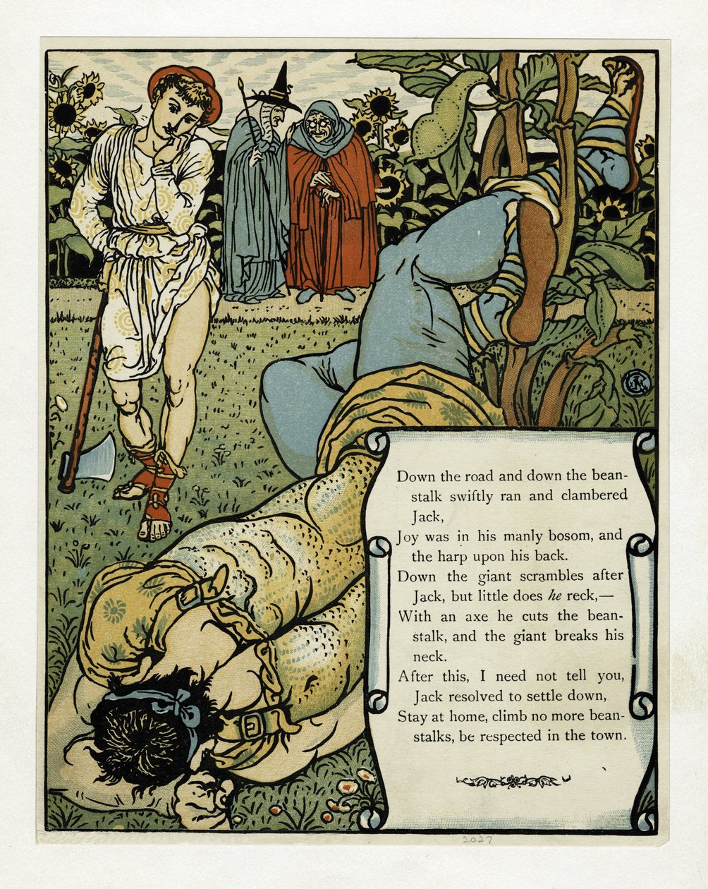 Olbrzym łamie sobie kark”, z książki Obrazkowa Niebieska Broda, wyd. 1879 (kolor lito) autorstwa Walter Crane