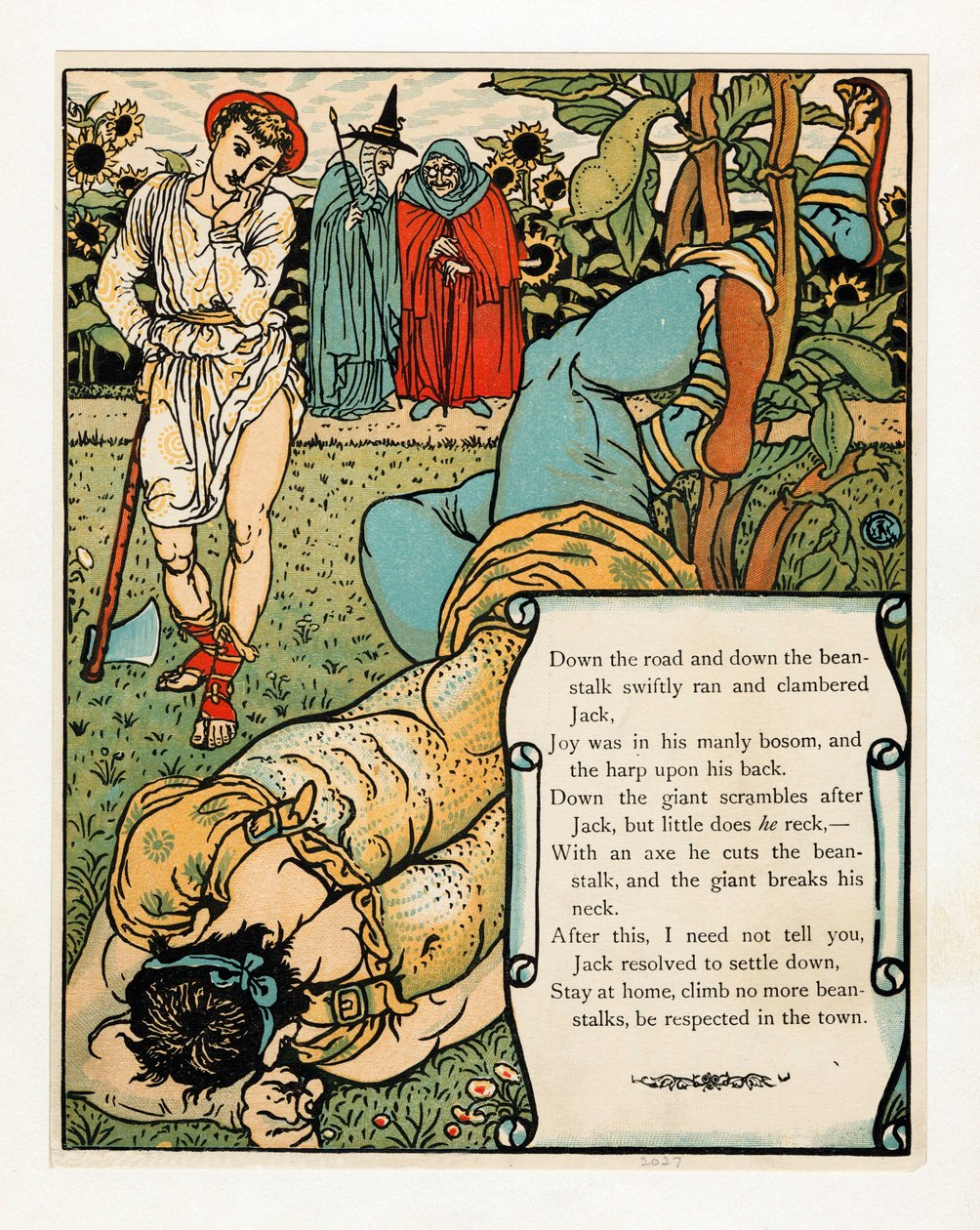Olbrzym łamie sobie kark”, z książki Obrazkowa Niebieska Broda, wyd. 1879 kolorowa litografia, 1879. autorstwa Walter Crane