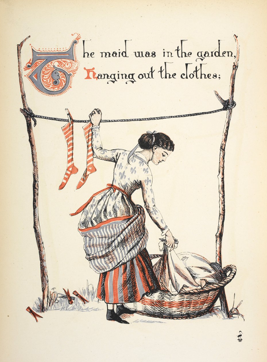 Pokojówka była w ogrodzie, wieszając ubrania. autorstwa Walter Crane