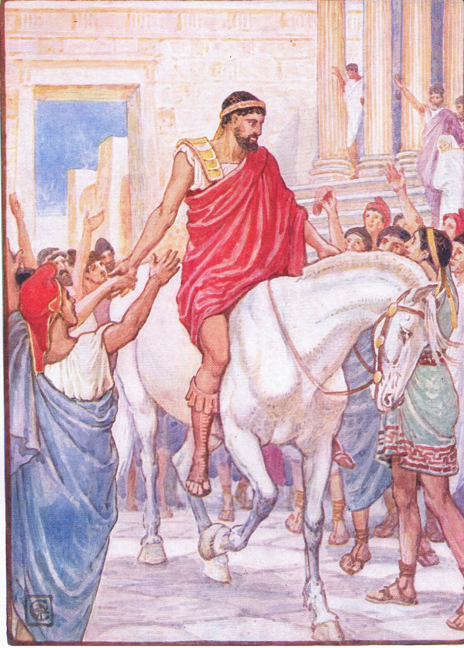 Tłum pozdrawiał go głośnymi aklamacjami, ilustracja z Historii Grecji, lata 30. XX wieku autorstwa Walter Crane