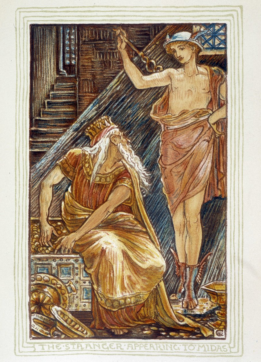 Nieznajomy ukazujący się Midasowi (Hermes apparait devant Midas) - w „” Cudowna książka dla dziewcząt i chłopców: hawthorne” Waltera Crane autorstwa Walter Crane