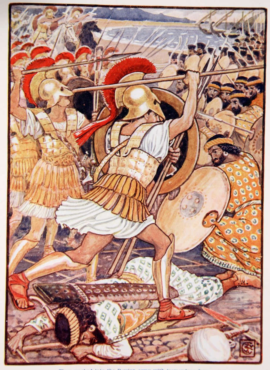 Rozbili się o armię perską z ogromną siłą, ilustracja z "The Story of Greece" Mary Macgregor, wydanie pierwsze, 1913 (kolorowa odbitka) autorstwa Walter Crane